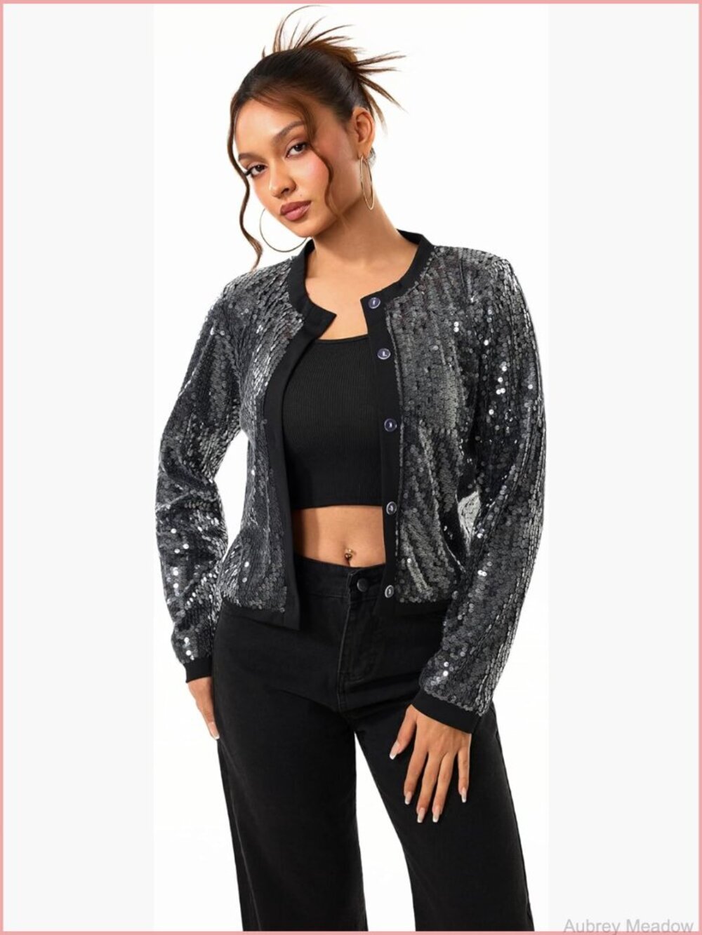 Sequin Cropped Cardigan Lightweight Long Sleeve Button Down Sparkly Jacket